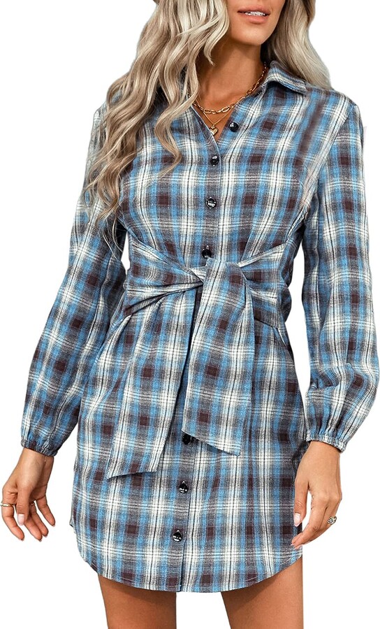 WISFRUIT Women’s Button Down Shirt Dresses Casual Long Lantern Sleeve