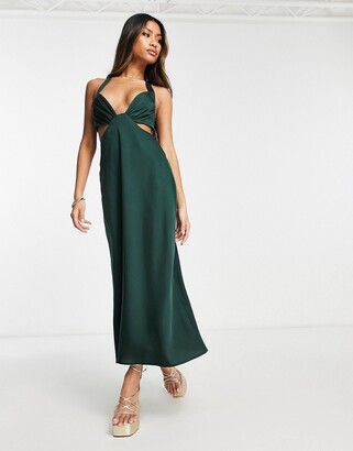 ASOS DESIGN satin halter plunge bust midi dress with cut out waist detail in dark green