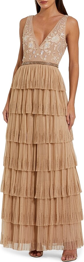 Women's Embellished Tulle Tiered V-Neck Gown - Beige - Size 2