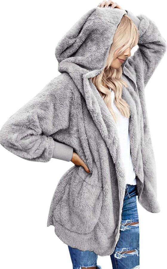 Maolijer Women's Fuzzy Fleece Oversized Open Front Hooded Cardigans Jacket  Coats Outwear with Pockets Light Grey X-Large (US 16-18) - ShopStyle