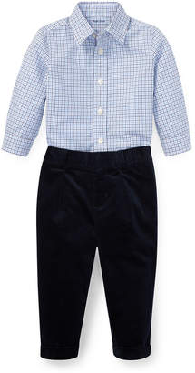 Ralph Lauren Childrenswear Woven Tattersall Button-Down Top w/ Velvet Pants, Size 6-24 Months