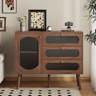 George Oliver Accent Cabinet With 3 Drawers And Door Wooden Storage Cabinet With Shelves Sideboard For Living Room Entryway Natural