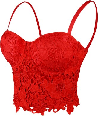 Cherry Red Lace Cropped Camisole With Solid Black Straps, 55% OFF