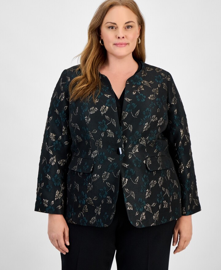 Kasper Plus Size Metallic Jacquard Collarless One-Button Blazer