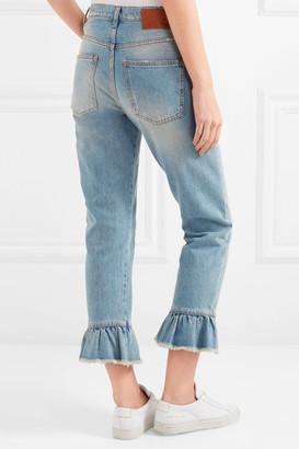 MSGM Distressed Ruffle-trimmed High-rise Straight-leg Jeans - Light denim