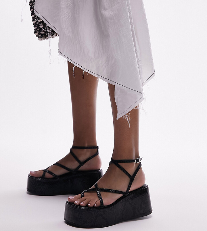 Topshop Wide Fit Greta strappy flatform sandal in black lizard - ShopStyle