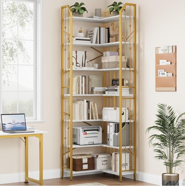 SunnyFurn 72-inchL-shapedcornerbookshelfindustrialstyletalldisplayshelfsuitableforlivingroomandbedroom.