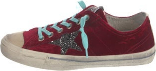 Golden Goose Velvet Low Top Sneakers Burgundy Distressed & Glitter Accents Round-Toes Lace-Up Closure at Uppers Designer