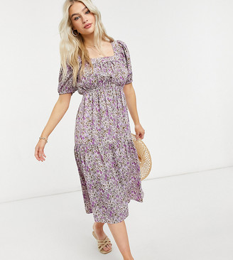 Influence Plus Influence Petite puff-sleeved midi dress in lilac floral