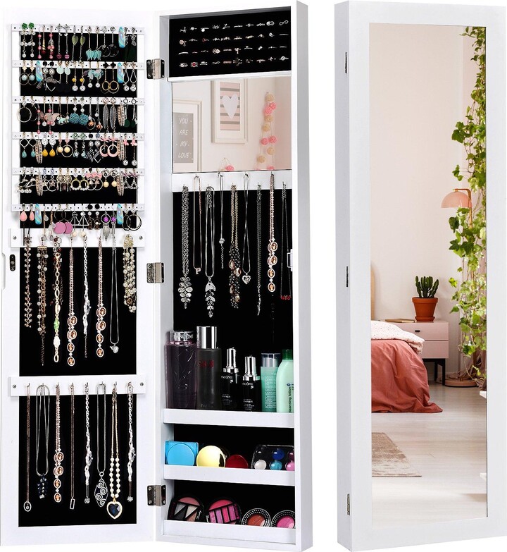 Costway Mirrored Jewelry Cabinet Wall Mounted/Door Hanging Jewelry Armoire w/ Full-Length Mirror ...