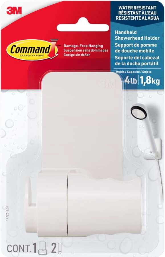 Command Bath Shower Head Holder, White, 1 Holder, 2 Large Strips, Bathroom Organization, Holds 4 lbs