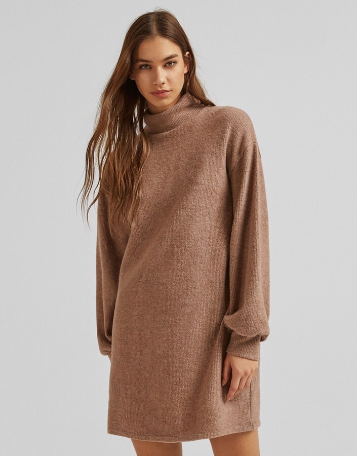 Bershka knitted dress with high neck in brown - ShopStyle