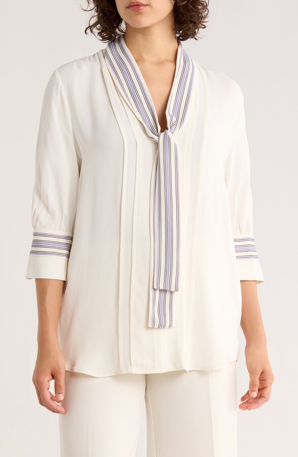 HUGO BOSS Be Stripe Tie Neck Short Sleeve Top