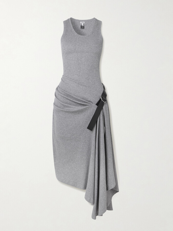 Loewe Asymmetric Belted Draped Leather-trimmed Ribbed Cotton-blend Jersey Dress - Gray