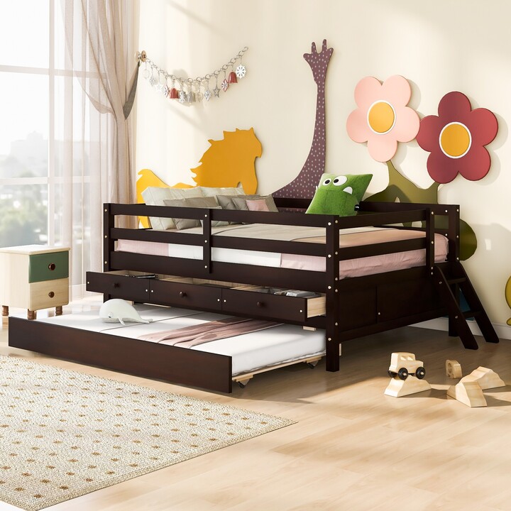 EYIW Low Loft Bed Full Size with Full Safety Fence and Climbing ladder