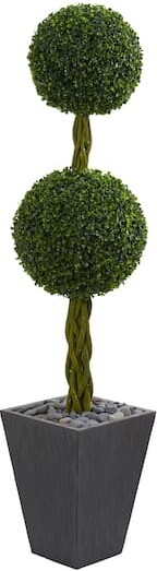 Nearly Natural 5Ft Double Ball Boxwood Topiary Tree in Slate Planter By in Green