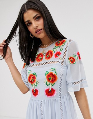 Asos Tall ASOS DESIGN Tall embroidered midi smock dress with ladder trims