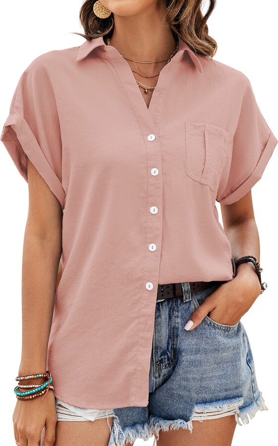 IECCP Cotton Linen Shirts For Women Short Sleeve Button Up, 52% OFF