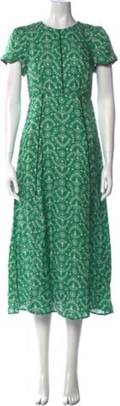 Cefinn A-Line Dress Green Floral Print Short Sleeve with Crew Neck Concealed Zip Closure at Back