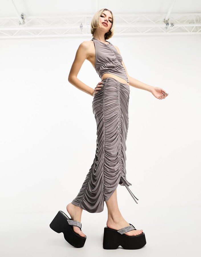Collusion ruched maxi skirt co-ord in grey ShopStyle