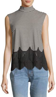 Marc Jacobs Mock-Neck Sleeveless Striped Top with Fringe