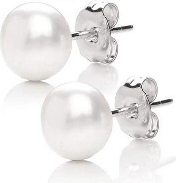Mabella Fashion Mabella 925 Sterling Silver AAA Genuine Freshwater Cultured Pearl White Button Stud Earrings Jewelry Gifts for Women, 6mm