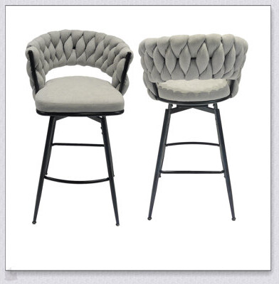 Latitude Run 28 Inch Linen Woven Bar Stool Set, Black Legs, 360 Swivel, Upholstered Counter Stools With Backrest And Footrest