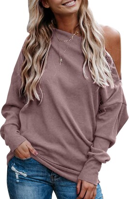 Ecrocoo Womens Off Shoulder Sweatshirt Casual Long Sleeve Knit Blouses Winter Loose Soft Solid Color Tops