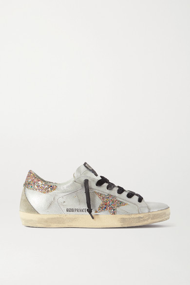golden goose superstar distressed metallic leather and suede sneakers