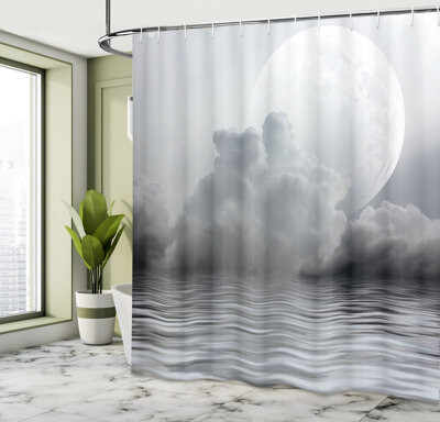 Latitude Run Moon Shower Curtain Misty Air and Ocean Art Black Pale Grey White