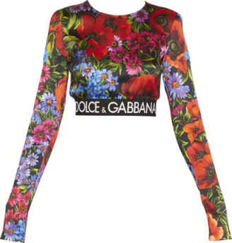 Dolce & Gabbana Floral Long-Sleeve Branded Crop Top