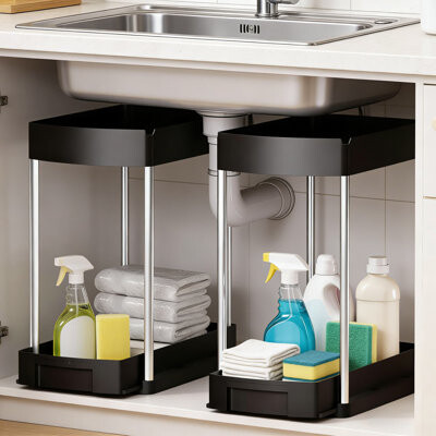 Rebrilliant Under Sink Organizer Pull Out Drawer, 2-Tier Slide Out Storage Rack For Kitchen Cabinet & Bathroom Vanity, Heavy Duty With Hooks And Cups, 2-Pack Mult