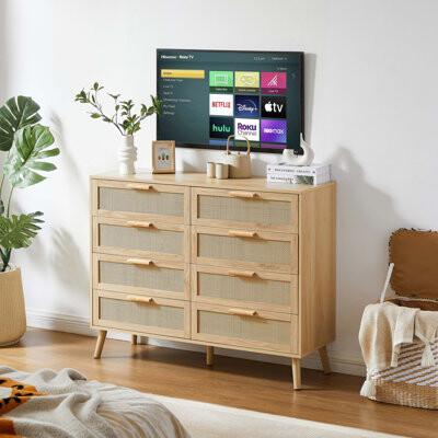 Bedroom dresser, 8 Double Dresser with rattan drawers, wood chest of drawers for kids room, living room, entry and hallway, Natural, 47.2''W x 15.8''D