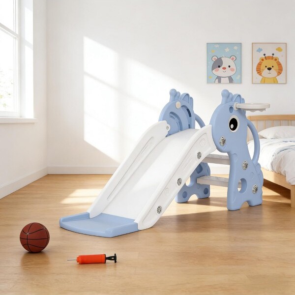 GDFStudioMiloGiraffeToddlerSlidewithClimberandBasketballHoop,Blue/White