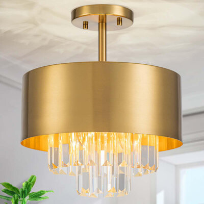 Mercer41 K9 Crystal Semi-Flush Mount Ceiling Light, 3 Lights Gold Brass Finish With Clear Crystals