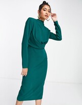 Thumbnail for your product : ASOS DESIGN high neck shoulder pad twist front midi dress in forest green