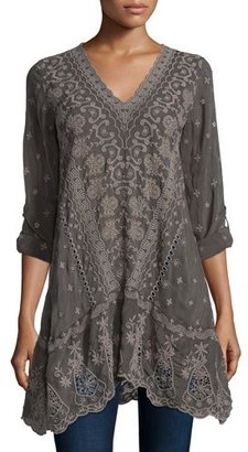 Johnny Was Yen Long-Sleeve Embroidered Tunic, Iron Steel