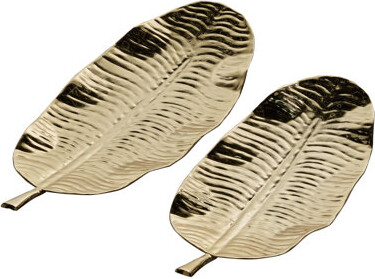 Novogratz Small Leaf Shaped Display And Serving Steel Trays In Metallic Gold Finish, Set Of 2: 26"X11"
