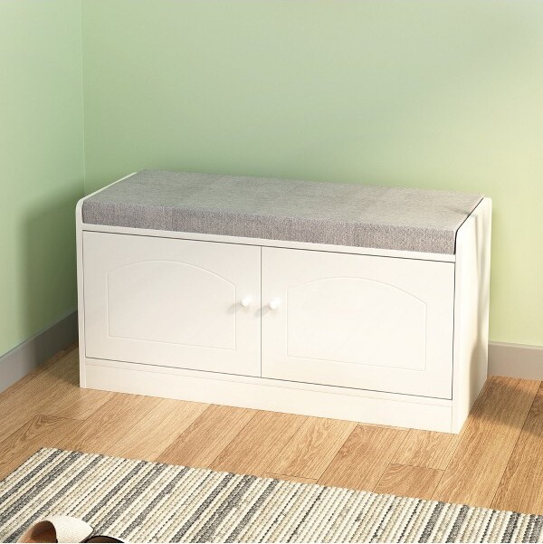 ORRDShoeStorageBenchwith2DoorsEntrywayBenchwithCushion&AdjustableShelvesWhite+Gray