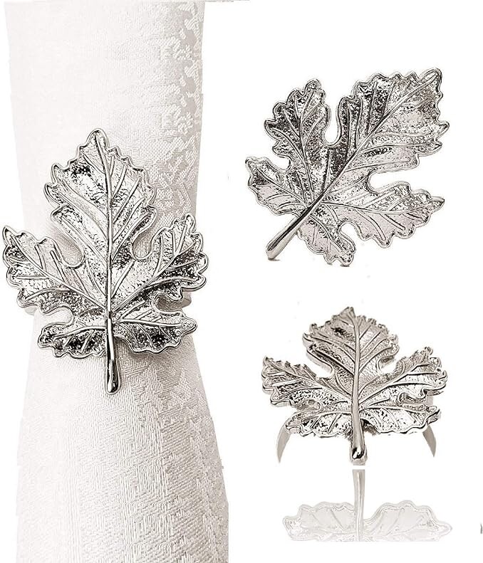 Fall Napkin Rings Leaf Vintage Thanksgiving Christmas Halloween Holiday Napkin Ring Holders Table Accessories (Silver, 6)
