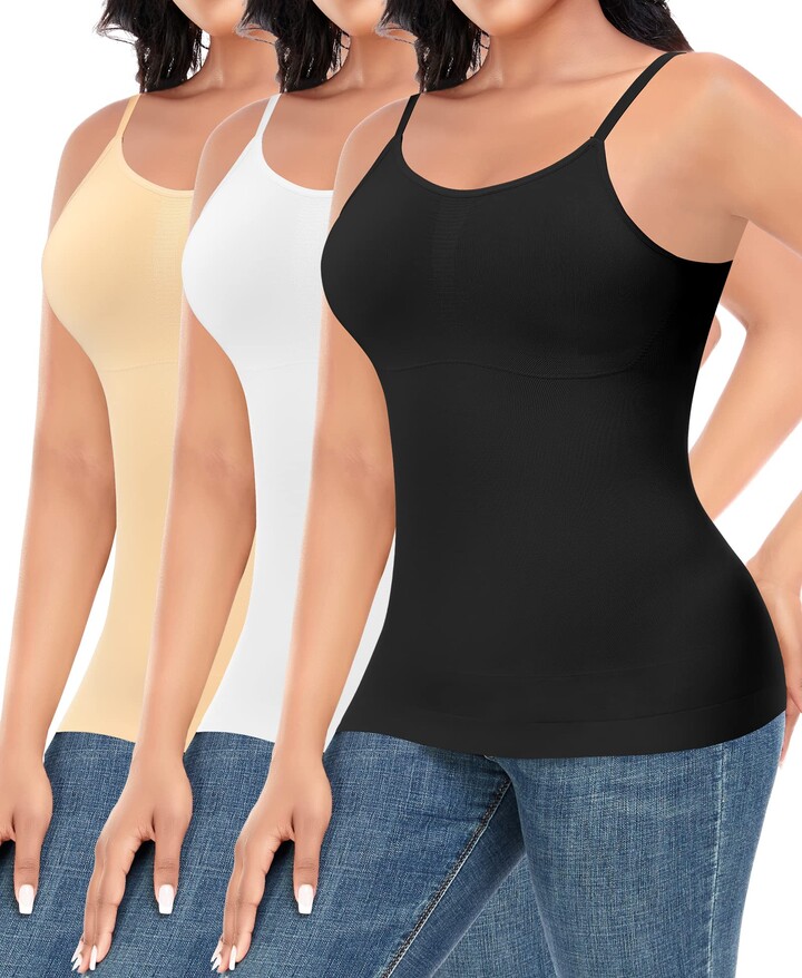 Werkiss Shapewear Camisole Tank Tops for Women Tummy Control Vest Compression  Cami Slimming Body Shaper Adjustable Strap Camisole with Built in Bra(#3  Black+beige+white - ShopStyle