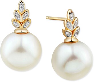 Honora White Ming Pearl (11mm) & Diamond (1/20 ct. t.w.) Earrings in 14k Gold