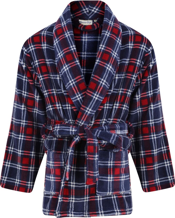 Walker Reid Mens Check Coral Fleece Bed Jacket Shawl Collar Short Robe
