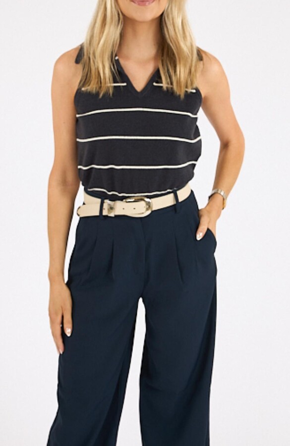French Connection Sloane Knit Collared Sleeveless Top In Marine/ Cream