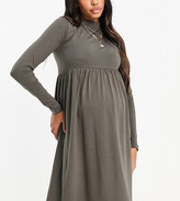 Thumbnail for your product : Mama Licious Mamalicious Maternity cotton long sleeve dress with funnel neck in brown - BROWN