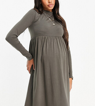 Mama Licious Mamalicious Maternity cotton long sleeve dress with funnel neck in brown - BROWN