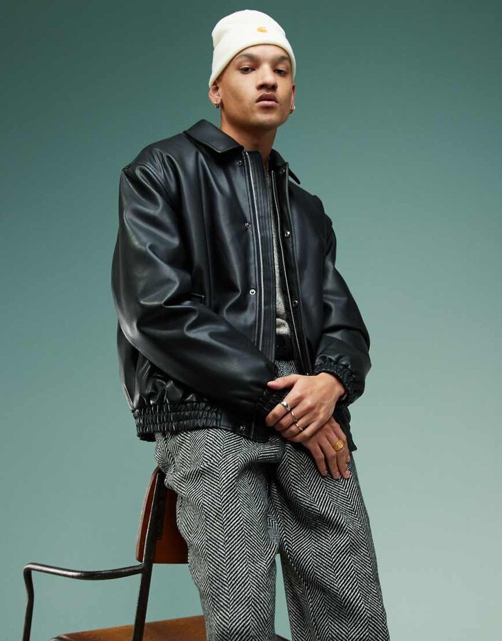 ASOS DESIGN faux leather oversized padded harrington jacket in black