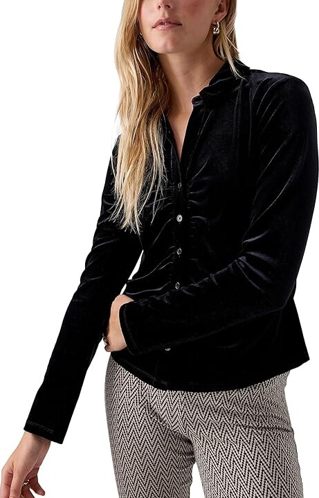 Sanctuary Dreamgirl Velvet Button-Up Women's Blouse Black : XS (US 2), Polyester/Spandex