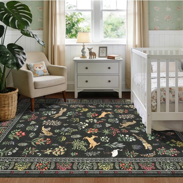 Fulvari 5x7FTModernAreaRugforLivingRoomJunglePrintWashableCarpetwithNonSlipBackingLowPileStainResistantFloorCoverforBedroomBlack