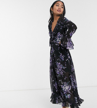 ASOS Petite DESIGN Petite wrap maxi dress with frills in dark based floral print